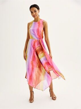 NWT Nine West Asymmetrical Women’s Cinched Waist Chiffon Dress Multicolored Sz M